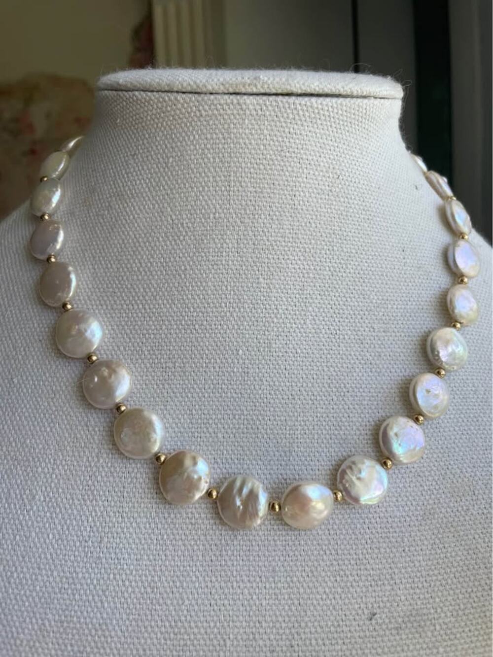 14K Natural coin pearls necklace-18 inches